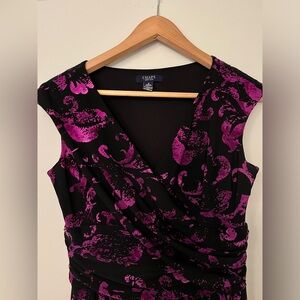 CHAPS black and purple sleeveless comfortable crossover midi dress ruched waist